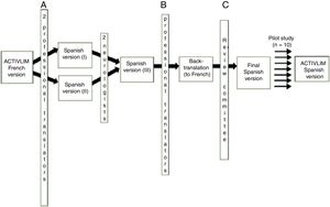 Translation-back translation process. (A) Native Spanish speakers fluent in French; (B) native French speakers fluent in Spanish; (C) review committee comprising 2 neurologists (one specialising in NMDs) and 3 professional bilingual translators (2 native Spanish speakers and one native French speaker).
