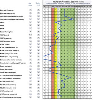 Cognitive profile of a 71-year-old man with 18 years of schooling. FCSRT: Free and Cued Selective Reminding Test; ROCF: Rey-Osterrieth Complex Figure test; SDMT: Symbol-Digit Modalities Test; TMT: Trail Making Test; TOL-DX: Tower of London-Drexel; WCST: Wisconsin Card Sorting Test.