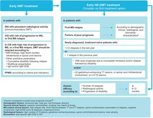 Early onset of disease-modifying treatment. * Factors of poor prognosis (not all factors have the same specific weight in decision-making) include: demographic characteristics (advanced age, male sex, non-European origin); general clinical characteristics (systemic comorbidities, smoking, low vitamin D levels); clinical data related to MS (high relapse rate; short interval between first and second relapses; brainstem, cerebellar, or spinal cord involvement at onset; poor recovery after first relapse; high EDSS score at diagnosis; polysymptomatic onset; cognitive deficits; progressive forms); radiological data (high number of lesions or lesion volume on T2-weighted sequences, presence of gadolinium-enhancing lesions in the spinal cord or infratentorial areas, global brain atrophy or grey matter atrophy); biomarkers (IgM OCBs in the CSF).39 CIS: clinically isolated syndrome; CSF: cerebrospinal fluid; DMT: disease-modifying therapy; MRI: magnetic resonance imaging; MS: multiple sclerosis; OCB: oligoclonal bands; PPMS: primary progressive MS; RIS: radiologically isolated syndrome.