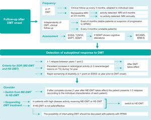 Follow-up during treatment and after detection of suboptimal treatment response. 9HPT: Nine-Hole Peg Test; BICAMS: Brief International Cognitive Assessment for Multiple Sclerosis; BRB-N: Brief Repeatable Battery of Neuropsychological Tests; DMT: disease-modifying treatment; EDSS: Expanded Disability Status Scale; HE-DMT: high-efficacy DMT; ME-DMT: moderate-efficacy DMT; MRI: magnetic resonance imaging; MS: multiple sclerosis; PPMS: primary progressive MS; SDMT: Symbol Digit Modalities Test; SOR: suboptimal response; SPMS: secondary-progressive MS; T25FW: Timed 25-Foot Walk test.
