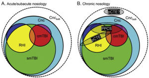 Current diagnostic nosology of mild traumatic brain injury. cmTBI: complicated mild traumatic brain injury; Cnc: concussion; Cncsub: subconcussive blows; pCTE: probable chronic traumatic encephalopathy; PPCS: prolonged postconcussive symptoms; RHI: repetitive head injury; smTBI: single mild traumatic brain injury. Source: Mayer et al.20