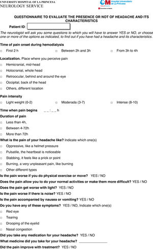 Questionnaire based on ICHD-3 beta criteria, designed to assess pre- and post-hemodialysis headaches. Questionnaire used and designed specifically for this study, based on the ICHD-3 beta version criteria, to provide information on possible headaches presented by patients before, during and after hemodialysis.