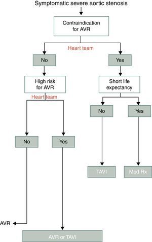 Decision-making algorithm for symptomatic severe aortic stenosis. AVR: aortic valve replacement; Med Rx: medical therapy; TAVI: transcatheter aortic valve implantation. Modified from the 2012 ESC Guidelines on the Management of Valvular Heart Disease.