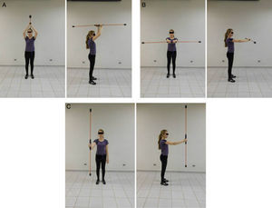 The three positions of the flexible pole exercise protocol: with shoulders at approximately 180° flexion with the pole in the frontal plane, parallel to the ground (A); with the shoulders at 90° flexion with the pole in the transverse plane (B); and one shoulder at 90° flexion with the pole in the sagittal plane, perpendicular to the ground (C).
