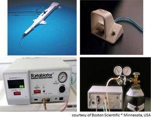 Rotational atherectomy device (Rotablator) components: RotaLink Advancer; Dynaglide pedal with on and off button; console with control of rotation speed; compressed air or nitrogen bottle and connections to the console.
