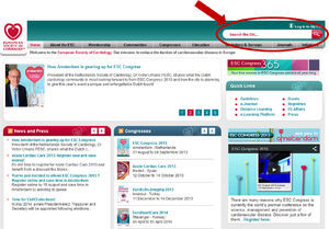 European Society of Cardiology (ESC) website landing page. The search engine box is located at the top right hand side of the screen (arrow).