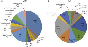 Causes of sudden cardiac death in athletes in the USA and Italy. (A) Distribution of cardiovascular causes of sudden death in 1435 young competitive athletes. From the Minneapolis Heart Institute Foundation Registry, 1980–2005 (adapted from Maron et al.12,20). (B) Causes of sudden death in athletes in the Veneto region, Italy, 1979–1999 (adapted from Corrado et al.13). <span class=