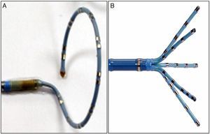 (A) Circular multipolar catheter (Lasso®, 20 poles); (B) five-branch multipolar catheter (PentaRay®, 20 poles).