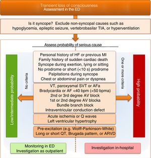Differential diagnosis of loss of consciousness and syncope on admission to the emergency department, focusing on risk stratification for cardiogenic syncope. AF: atrial fibrillation; ARVD: arrhythmogenic right ventricular dysplasia; AV: atrioventricular; ED: emergency department; HF: heart failure; MI: myocardial infarction; SVT: supraventricular tachycardia; TIA: transient ischemic attack; VT: ventricular tachycardia. aonly to be considered if history suggests arrhythmic syncope.