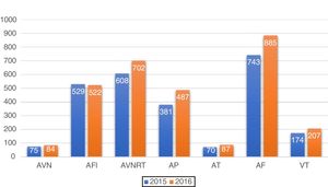 Distribution by type of ablation in 2015 and 2016. AF: atrial fibrillation; AFl: atrial flutter; AP: accessory pathway; AT: atrial tachycardia; AVN: atrioventricular node; AVNRT: atrioventricular nodal reentry tachycardia; VT: ventricular tachycardia.