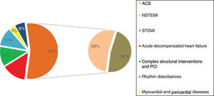 Main diagnoses at admission to a Portuguese level III intensive cardiovascular care unit. Data are from 2014-2016. The total number of patients was 2641, and percentages of this value are presented. ACS: acute coronary syndrome; ICCU: intensive cardiovascular care unit; NSTEMI: non-ST-elevation myocardial infarction; PCI: percutaneous coronary intervention; STEMI: ST-elevation myocardial infarction.