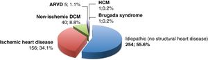Distribution of ventricular tachycardia ablations by etiology in 2017 and 2018. ARVD: arrhythmogenic right ventricular cardiomyopathy; DCM: dilated cardiomyopathy; HCM: hypertrophic cardiomyopathy. Information on etiology of heart disease was available for 456 patients undergoing ventricular tachycardia ablation (98% of these procedures).