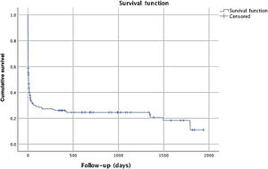 Kaplan-Meier curve revealing cumulative survival during follow-up.