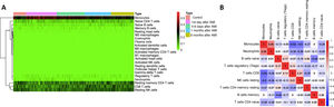 Analysis of peripheral blood mononuclear cell (PBMC) sequencing data with CIBERSORT. (A) Heatmap of 22 different cell types in 436 PBMC samples. Samples were divided into five groups: (i) control; (ii) first day of AMI; (iii) 4-6 days after AMI; (iv) one month after AMI; and (v) six months after AMI; (B) correlation of nine different cell types in 436 PBMC samples. A cell type was deleted if its percentage was lower than 2%, and nine different cell types were kept. Red represents positive correlation, blue represents negative correlation. Numbers in the figure are correlation coefficients.