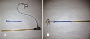 – Details of the carrier system. A, Carrier with a dilated distal extremity to better guide the device disks, thereby minimizing the trauma to the Ivalon™ sponges. The short sheath, also transparent, fits perfectly into the carrier, facilitating the prosthesis delivery. B, Detail of the steps of prosthesis delivery, from left to right: observe the prosthesis attached to the bioptome, the carrier and the short sheath.