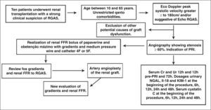 Overview of the study protocol. RGAS, renal graft artery stenosis; Echo, echocardiography; CTA, computed tomography angiography; FFR, fractional flow reserve; PRI, percutaneous renal intervention; Ur, urea; Cr, creatinine; NGAL, neutrophil gelatinase-associated lipocalin; IL-18, interleukin-18; KIM-1, kidney injury molecule-1.