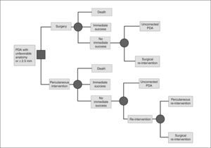 Schematic representation of the decision-making model for correction of patent ductus arteriosus (PDA).