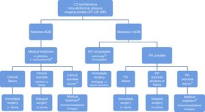 Algorithm proposed for the management of CD spontaneous abdominal abscess. CD, Crohn's disease; PD, percutaneous drainage. a Corticosteroids may be considered in the presence of severe active inflammation in the bowel wall. b Interloop, intra-mesenteric or multiloculated abscess. c Asymptomatic patients after complete abscess resolution on imaging studies (CT, US, MR). d Less chance of definitive medical treatment success in non-naïve immunomodulator/biological patients; consider delayed surgery.