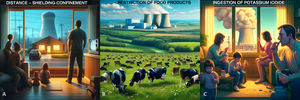 Measures of radiological protection. On exposure to radiation secondary to a nuclear accident, the first measures should be distance and shielding, which, for the civilian population, is usually confinement (A) or a bomb shelter. In the case of a leak and to avoid internal contamination, the restriction of food products may be necessary including the products from animals grazing in non-exposed zones (B), and, as a more extraordinary measure, potassium iodide should be ingested (C) when it is impossible to obtain non-contaminated food products.