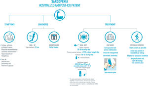 Recommendations for the approach to sarcopenia in hospitalized and post-ICU COVID-19 patients. The diagnosis of sarcopenia will be based on the medical record. First, the common symptoms: fatigue and prolonged repose due to asthenia, hypoxia, or sedation which, along with systemic inflammatory symptoms, hypercatabolism, and significant weight loss, entail physical deconditioning. In order to diagnose sarcopenia—and following the maxim of avoiding contact with the patient and/or use of non-disposable material as much as possible—the MNA-SF score and calf diameter (cutoff point of 31cm, which correlates well with lean mass and muscle strength) will be prioritized, as indicated in Fig. 1. Bioimpedance is not available in the majority of internal medicine departments. If it is available, it can be used, given that it is a simple technique that uses a portable, easy-to-clean device. Avoid techniques that entail a high risk of transmission, such as a DEXA scan, for example. Treatment is based on two pillars: oral diet and early mobilization of the patient. First, the oral diet has to be adapted and have a high content of high biological value protein and energy density. If nutritional supplements are needed, those enriched with high biological value protein, HMB, and leucine will be prioritized, as they regulate protein turnover. Second, early mobilization of the patient: it will be active or passive, if incapacity is severe, and adapted to each patient’s functional condition. Abbreviations: HMB: β-hydroxy β-methylbutyrate; MNA-SF: Mini Nutritional Assessment-Short Form; Prot: protein; ICU: intensive care unit; Vit. D: vitamin D.