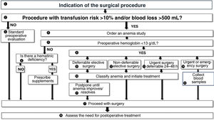 Clinical pathway for perioperative anemia management. The surgical team which proposes the surgery must initiate the process (1) and assess the procedure’s bleeding/transfusion risk (2). If there is no bleeding/transfusion risk, the standard preoperative evaluation for the procedure is ordered (3). If anemia is detected during the evaluation, it must be investigated and treated without postponing the surgery. In case of a procedure with bleeding/transfusion risk, laboratory tests are ordered in order to screen for and classify anemia and hematinic deficiencies (iron, folic acid, vitamin B12) (4). This must also be done for patients with known anemia, whether or not it was caused by the disease which requires surgery (chronic bleeding), and in patients with additional risk factors that may increase the likelihood of bleeding (e.g., treatment with anticoagulants or antiplatelet agents), even if the surgery does not entail bleeding/transfusion risk. Blood collection should be done at that same visit (coordination with the blood collection room). In case of non-deferrable elective surgery (e.g., colon cancer), the presence of anemia may be determined in venous blood using a point-of-care device. This would allow for starting empirical treatment (e.g., IV iron administration) immediately in a day hospital or anemia clinic. The laboratory test results must be available to the professionals involved (surgery/family medicine/internal medicine/anesthesia/hematology) as soon as possible. If Hb is ≥13 g/dL (5), possible hematinic deficiency should be checked (6) in order to administer the pertinent supplements, if necessary, and proceed with the surgery (7). If Hb is <13 g/dL (8), the patient’s management will depend on the severity of the anemia and the time remaining until surgery: Deferrable elective surgery (9): classify anemia and initiate treatment, verify the treatment’s efficacy at least two weeks before surgery (10), consider postponing surgery until the anemia is corrected (11); Non-deferrable elective surgery (12): classify anemia and initiate treatment (10), proceed with surgery on the scheduled date (7); Urgent surgery deferrable by 24–48 h (13): classify anemia and initiate treatment during hospitalization (10), according to etiology or empirically (surgeon, anesthesiologist, internist, hematologist), and proceed with surgery (7); Urgent or emergent surgery (14): collect blood samples on admission for anemia classification (15) and initiate treatment in the postoperative period. In all cases, assess the need for postoperative treatment (see Fig. 3).
