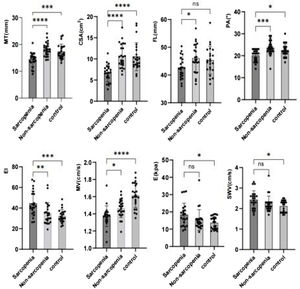 Comparison of ultrasound parameters between sarcopenia group, non-sarcopenia group, and control group, ns: P ＞ 0.05,*P ＜ 0.05 **P ＜ 0.01,***P ＜ 0.001, ****P ＜ 0.0001.