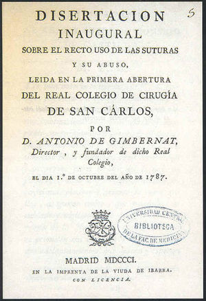 Portada de Disertación inaugural sobre el recto uso de las suturas y su abuso.