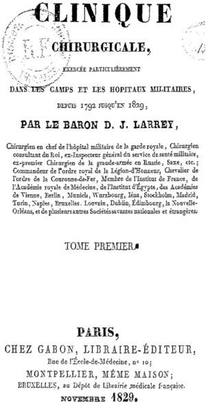 Portada del primer volumen de la obra cumbre de Dominique-Jean, Clinique Chirurgicale (1829).