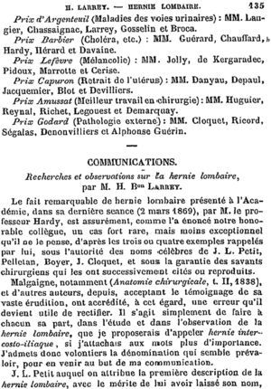 Página inicial de la monografía de Félix-Hippolyte Larrey sobre la hernia lumbar (1869).