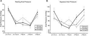 Anal Pressures. A) Resting anal pressure (RAP). B) Squeeze anal pressure (SAP). RAP and SAP were not significantly different between groups (p>0.05), 24hours pre-injury and post-injury. However, RAP was higher 3 months post-injury in the animals treated with PSCs, compared with those treated with BSS (p>0.05). In contrast, SAP was significantly greater in the treated groups, with a higher SAP in group 3 (p<0.05).