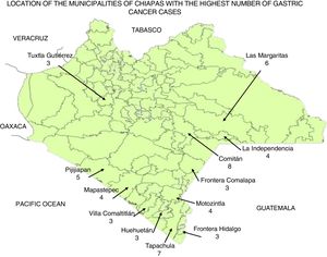 Municipalities with a greater number of patients with gastric cancer seen at the HRAECS, 2007-2014.