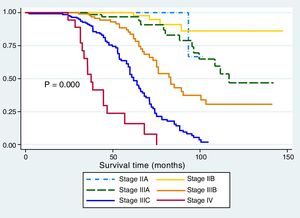 Survival analysis (Kaplan-Meier) according to anatomopathologic stage.
