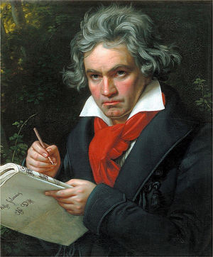 Portrait of Ludwig van Beethoven, working on the composition of the Missa Solemnis in D major, Op. 123, painted by Joseph Karl Stieler in 1820.