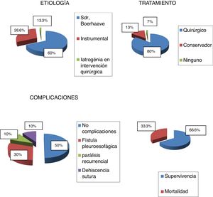 Graphs showing the results in percentages of etiology, treatment, mortality, and complications in the patients.