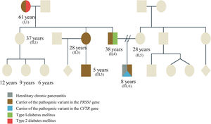 The relatives with manifestations of type I diabetes mellitus and pancreatitis are described, as well as asymptomatic relatives. The patient presents with torpid progression by being a carrier, not only of the duplication in the PRSS1 gene, but also of a heterozygous variant in the CFTR gene, thus a torpid expression and progression is expected.