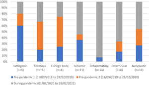 Perforation cause distribution. Results are expressed as the percentage of cases per period. Each column corresponds to a cause and each segment indicates the percentage of cases in each period. The total number of perforations (n) for each cause is indicated below each column.