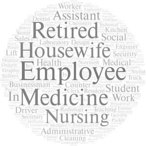 Occupational frequency analysis reported by the population with public healthcare access that participated in an institutional anti-HCV antibody detection program, 2021-2022. The word cloud presents the results of the frequency analysis according to occupation that was reported by the population with access to public healthcare (general population and health institution workers), who participated in the institutional screening program for anti-HCV antibodies, corresponding to September 2021 and October 2022. Source: prepared by the authors based on institutional registries of detections of anti-HCV antibodies in the population with access to public healthcare, 2021 and 2022.