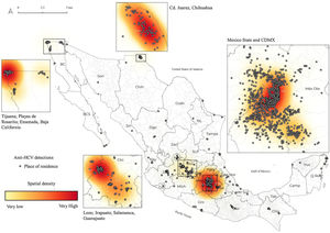 Shows the distribution and spatial density of anti-HCV detections according to the place of residence reported by the population with access to public healthcare (general population and health institution workers), who participated in the institutional screening program, corresponding to September 2021 and October 2022. Thus, the greater intensity of the shaded areas represents a greater concentration of reactive detections, suggesting the municipalities and states where the incidence rates could be higher, compared with other places in Mexico. Source: prepared by the authors based on institutional registries of anti-HCV antibody detection in the population with access to public healthcare, 2021 and 2022.