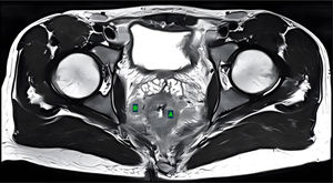 Magnetic resonance imaging scan of the pelvis. (A) thickening of the wall of the anal canal and rectum, with a craniocaudal length of 113 mm from the anorectal union, can be observed. Said thickening is circumferentially asymmetric, predominantly in the submucosa, conditioning a reduction of more than 50% of the lumen, homogeneous and hypointense in T1 and T2, after the application of contrast medium with intense enhancement. (B) Multiple bilateral lymphadenopathies are identified in the mesorectal, obturator, presacral fat, as well as in the bilateral inguinal and common internal and external iliac fat, with oval-shaped morphology, some of which is lobulated. The lymph nodes have fatty hilum loss and there is restricted diffusion, along with contrast-medium enhancement.