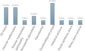 Endoscopic findings in 20 patients during DBE. Source: Electronic medical records of the Centro Médico Nacional “20 de Noviembre”, ISSSTE.