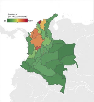 Prevalence of inflammatory bowel disease in 2019 by department in Colombia. Prevalence was calculated with the mean population of the period as the denominator x 100,000 inhabitants.