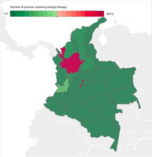 Number of patients prescribed biologic therapy by department in Colombia in 2019.