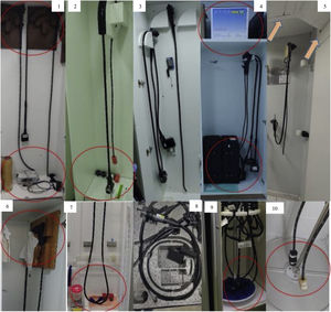 Endoscope storage locations found at the facilities with non-conformities. 1) Presence of rough surface support and storage of other objects next to the endoscopes. 2) Presence of a non-ventilated tip protector on the endoscope and a cardboard box in the cabinet next to the equipment. 3) Equipment leaning against the wall of the storage cabinet. 4) Presence of objects and cardboard boxes in the endoscope storage room. 5) Room dedicated to storage with holes in the walls and incomplete sealing. 6) Wooden storage stand. 7) Presence of objects stored next to the endoscope, cloths for moisture retention, and insufficient height of storage cabinet. 8) Horizontal storage in an unventilated carrying case. 9) Insufficient height of the cabinet, and endoscopes touching the floor of the cabinet. 10) Use of sponge tip protectors, and unventilated area.