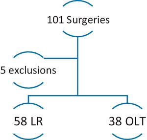 Flowgram of the patients included in the study. LR: liver resection; OLT: orthotopic liver transplantation.