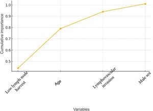 Cumulative importance of the variables in the Random Forest model. Proportional distribution of the contribution of each variable to the overall performance of the model. “Low lymph node harvest” provided 44% of the total predictive capacity, whereas age, lymphovascular invasion, and male sex represented the rest of the explained variance.