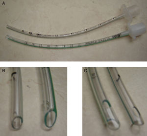 (A) Two classes of endotracheal tubes with the same internal diameter, (B) different external diameter, and (C) different tip designs.