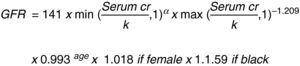 Equation CKD-EPI. k=0.7 if female or 0.9 if male and a=−0.329 for females and −0.411 for males.