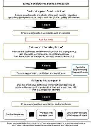 Algorithm for managing difficult, unexpected tracheal intubation in children.