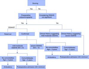 Algorithm for risk assessment and postoperative disposition of the pediatric patient with OSAHS.
