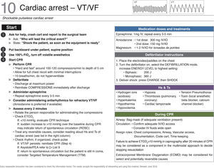 Checklist for managing cardiac arrest – VT/VF. ECMO, extracorporeal membrane oxygenation; FiO2, inspired oxygen fraction; VF, ventricular fibrillation; IV, intravenous; IO, intraoseous; CPR, cardiopulmonary resuscitation; ROSC, return of spontaneous circulation; VT, ventricular tachycardia. Source: Translated and updated with authorization from “OR Crisis Checklists” available at: www.projectcheck.org/crisis.